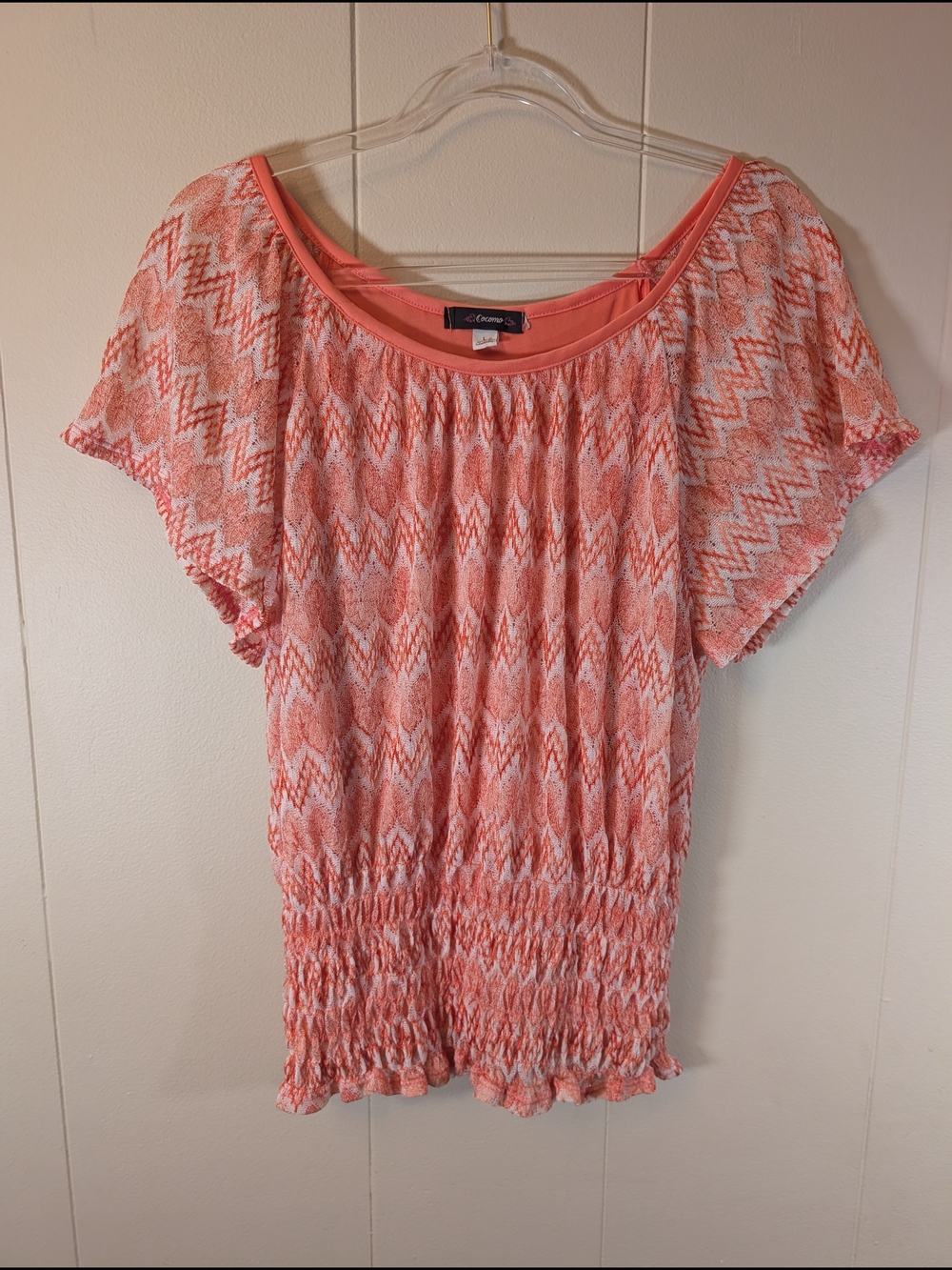 Cocomo Coral & White Smocked Flutter Sleeve Blouse Women's Large Lined Boho